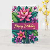 Carte d'anniversaire à feuille verte (Fleur jaune)