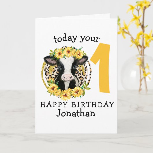 Carte d'anniversaire à la vache (Fleur jaune)