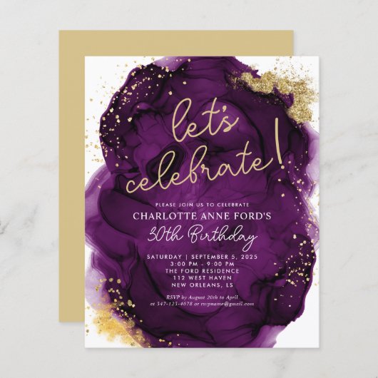 Carte d'anniversaire à l'encre d'alcool violet dor (Devant / Derrière)