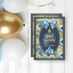 Carte d'anniversaire à motif floral avec ruban dor
