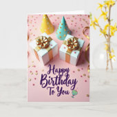 Carte d'anniversaire à plat rose (Fleur jaune)