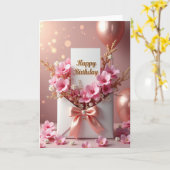 Carte d'anniversaire à ruban rose pêche (Fleur jaune)