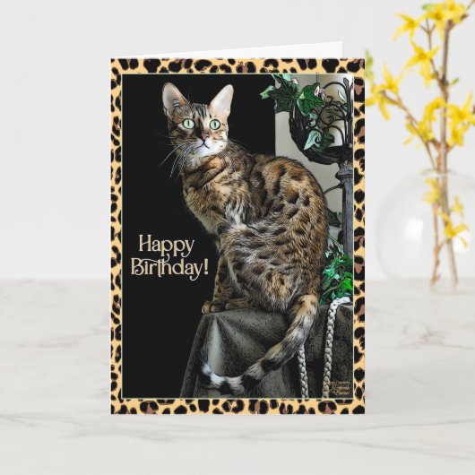Carte d'anniversaire à thème chat à motif léopard (Fleur jaune)