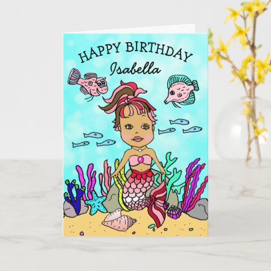 Carte d'anniversaire à thème Mermaid joyeuse (Fleur jaune)
