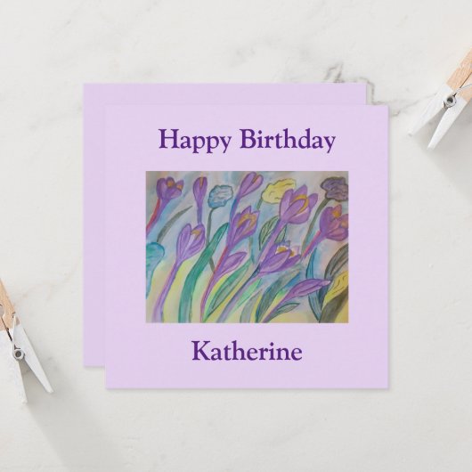 Carte d'anniversaire Abstraite Crocus Flat Spring (Devant/Arrière en situation)