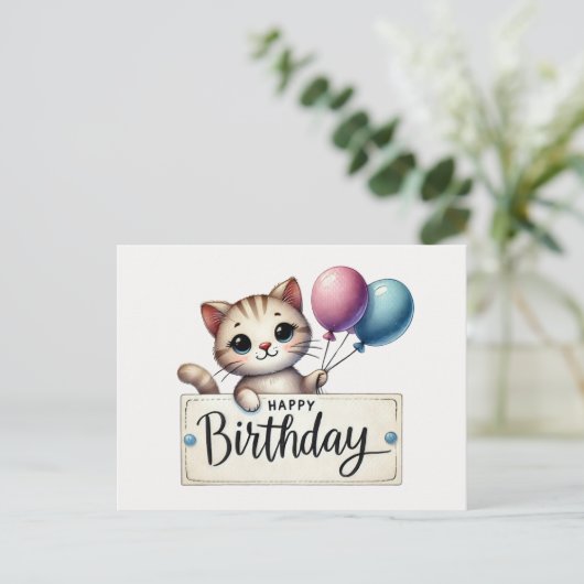 Carte d'anniversaire Adorable Chat avec Ballons (Debout devant)