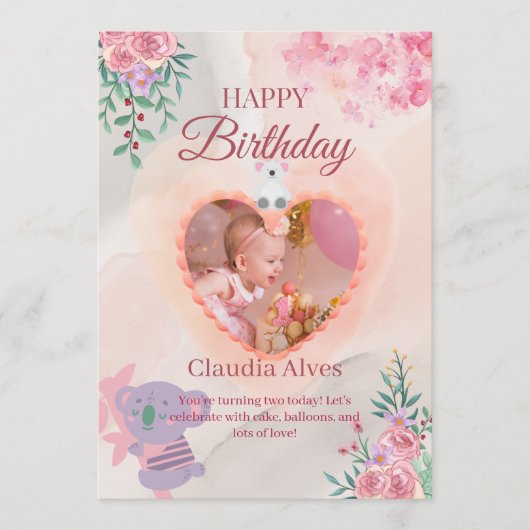 Carte d'anniversaire adorable koala et fille pour (Devant)