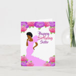 Carte d'anniversaire afro-américaine Fly Sister<br><div class="desc">Cette belle et élégante carte d'anniversaire présente des roses roses et violets,  et une afro-américaine en robe rose. Obtenez ces cartes d'anniversaire chic et mignonnes pour votre soeur et mettez un sourire sur son visage.</div>