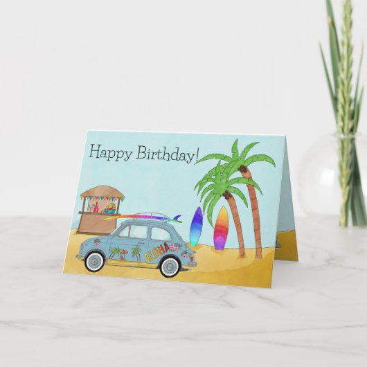 Carte d'anniversaire Aloha Surf Fiat 500 (Devant)