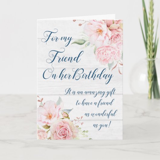 Carte d'anniversaire amie fleurs rose rustique (Devant)