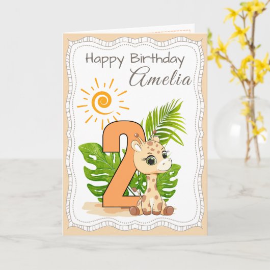 Carte d'anniversaire aquarelle animaux 2 ans (Fleur jaune)