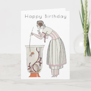 Carte d'anniversaire Art Déco Retro Woman Fish Bow
