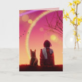 CARTE D'ANNIVERSAIRE ART FILLE ET CHIEN (Fleur jaune)