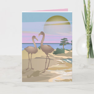 CARTE D'ANNIVERSAIRE ART FLAMINGOS TROPICAUX PLAGE