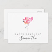 Carte d'anniversaire au flamant rose à l'aquarelle (Devant / Derrière)
