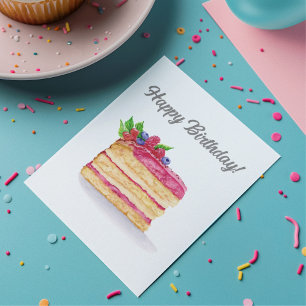 Carte d'anniversaire au gâteau framboise aquarelle