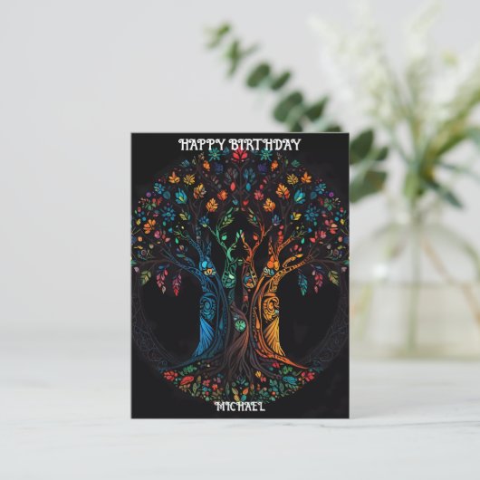 Carte d'anniversaire avec arbre en pleine couleur (Debout devant)