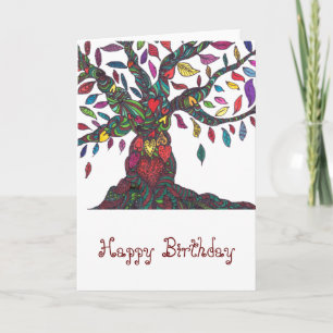 Carte d'anniversaire avec arbre et coeurs colorés