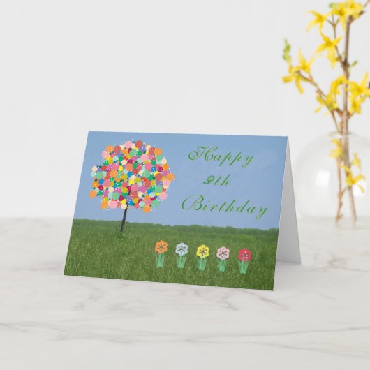 Carte d'anniversaire avec Bubblegum Tree 9 ans. Vi (Fleur jaune)
