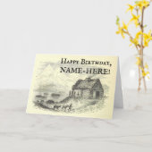 Carte d'anniversaire avec cabane rustique et paysa (Fleur jaune)