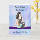 Carte d'anniversaire avec chats et fille d'exercic (Fleur jaune)