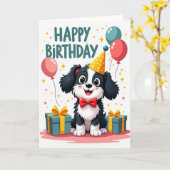 Carte d'anniversaire avec chiot souriant (Fleur jaune)