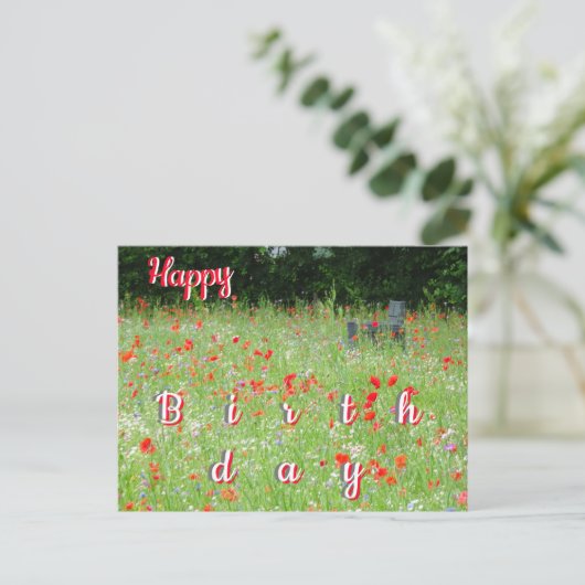 Carte d'anniversaire avec coquelicots et fleurs sa (Debout devant)