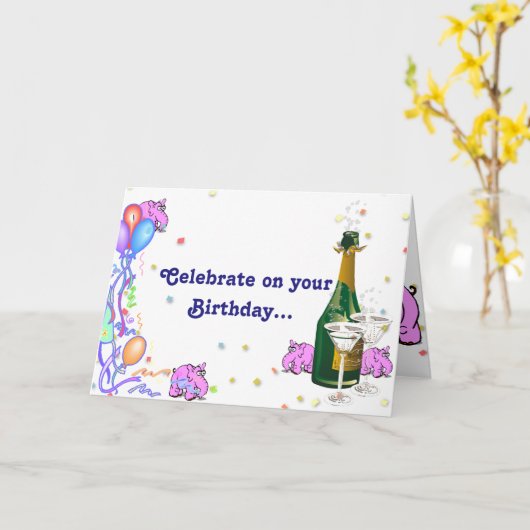 Carte d'anniversaire avec éléphants roses qui aime (Fleur jaune)