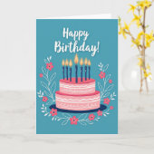 Carte d'anniversaire avec gâteau rose (Fleur jaune)