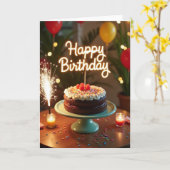 Carte d'anniversaire avec gâteau scintillant (Fleur jaune)