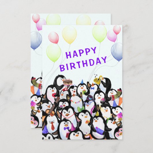 Carte d'anniversaire avec Happy Penguin Party (Devant / Derrière)