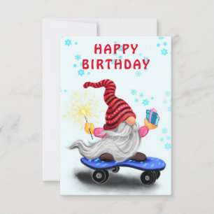Carte d'anniversaire avec Happy Skater Gnome avec