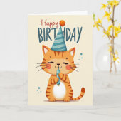 Carte d'anniversaire avec illustration de chat mig (Fleur jaune)