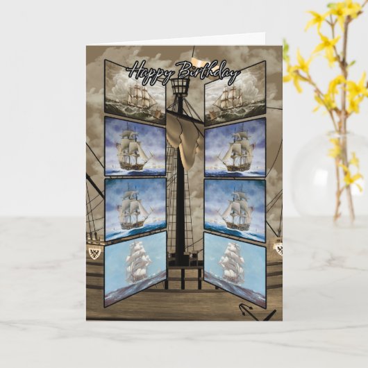 Carte d'anniversaire avec les bateaux grands, (Fleur jaune)