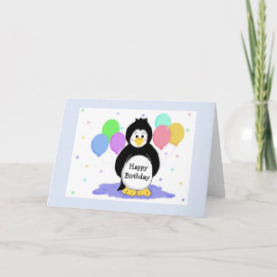 Carte d'anniversaire avec manchots et ballons