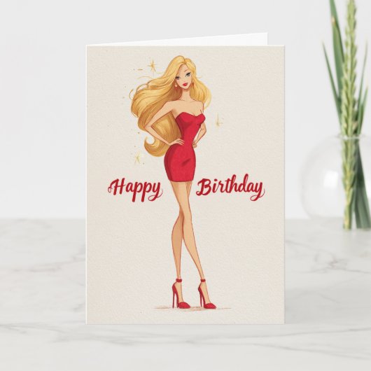 Carte d'anniversaire avec robe mini rouge glamour (Devant)