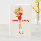 Carte d'anniversaire avec robe mini rouge glamour (Fleur jaune)
