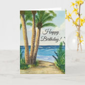Carte d'anniversaire avec scène de plage aquarelle (Fleur jaune)