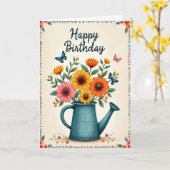 Carte d'anniversaire avec un arrosoir fleuri (Fleur jaune)