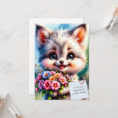 Carte d'anniversaire avec un chiot mignon et des f (Devant/Arrière en situation)