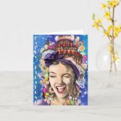 Carte d'anniversaire avec une femme heureuse - Drô (Fleur jaune)