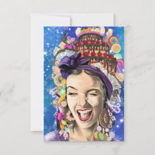 Carte d'anniversaire avec une femme heureuse - Drô