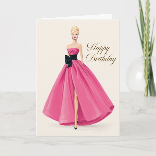 Carte d'anniversaire avec une robe rose glamour po (Devant)