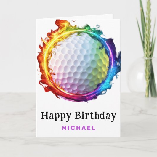 *~* Carte d'anniversaire Balle de Golf Feu Arc-en- (Devant)