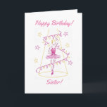 Carte d'anniversaire Ballet & Bunt Sister<br><div class="desc">Une belle pirouette de ballerine sous les feux de l'oeil, avec un fil torride de bunting qui tombe en tournant, avec des étoiles qui scintillent tout autour ! Le bunting porte le message "Joyeux anniversaire". Souhaitez à votre soeur spéciale un merveilleux anniversaire avec cette carte d'anniversaire à thème de ballet....</div>