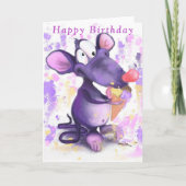 Carte d'anniversaire bébé Souris pourpre avec crèm (Devant)