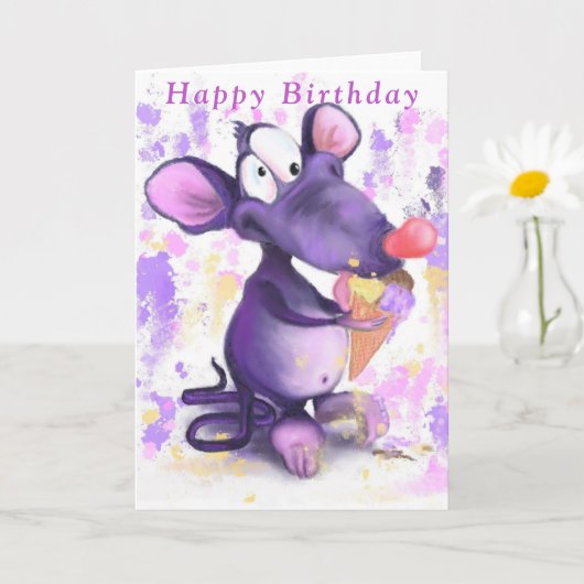 Carte d'anniversaire bébé Souris pourpre avec crèm (Petite plante)
