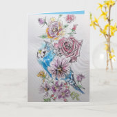 Carte d'anniversaire Blue Budgie Bird Rose Waterco (Fleur jaune)