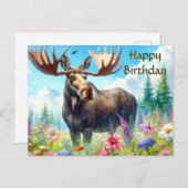 Carte d'anniversaire Bull Moose et Fleurs sauvages (Devant / Derrière)