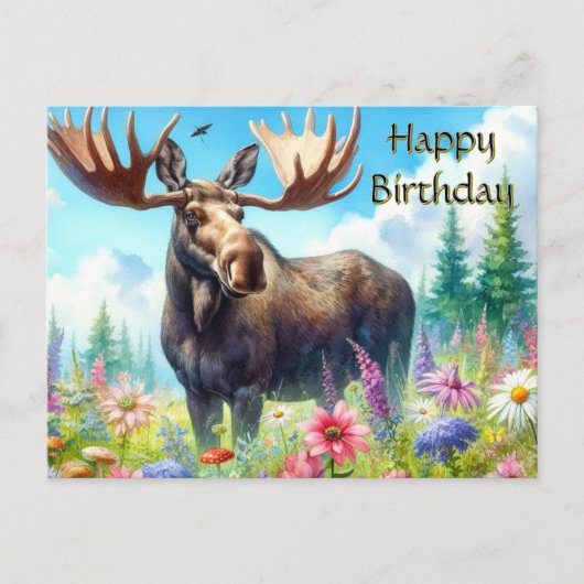 Carte d'anniversaire Bull Moose et Fleurs sauvages (Devant)